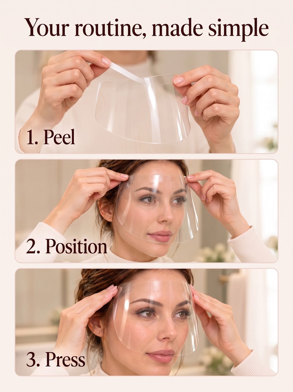 Three illustrative steps showing the release liner being peeled, the shield positioned above the brows and its clear edge pressed against the forehead.