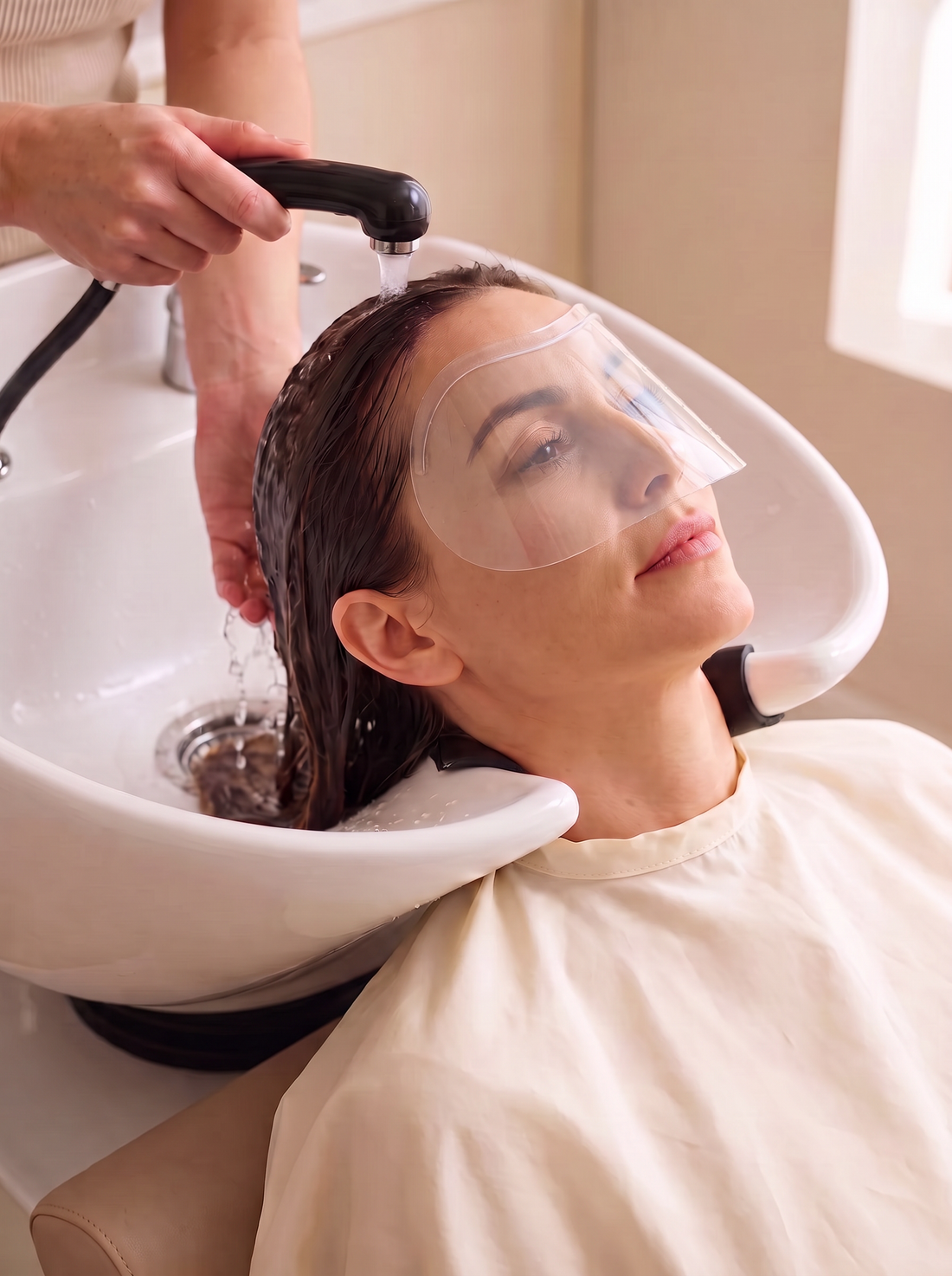 LashCloak forehead shield worn during a salon hair rinse.